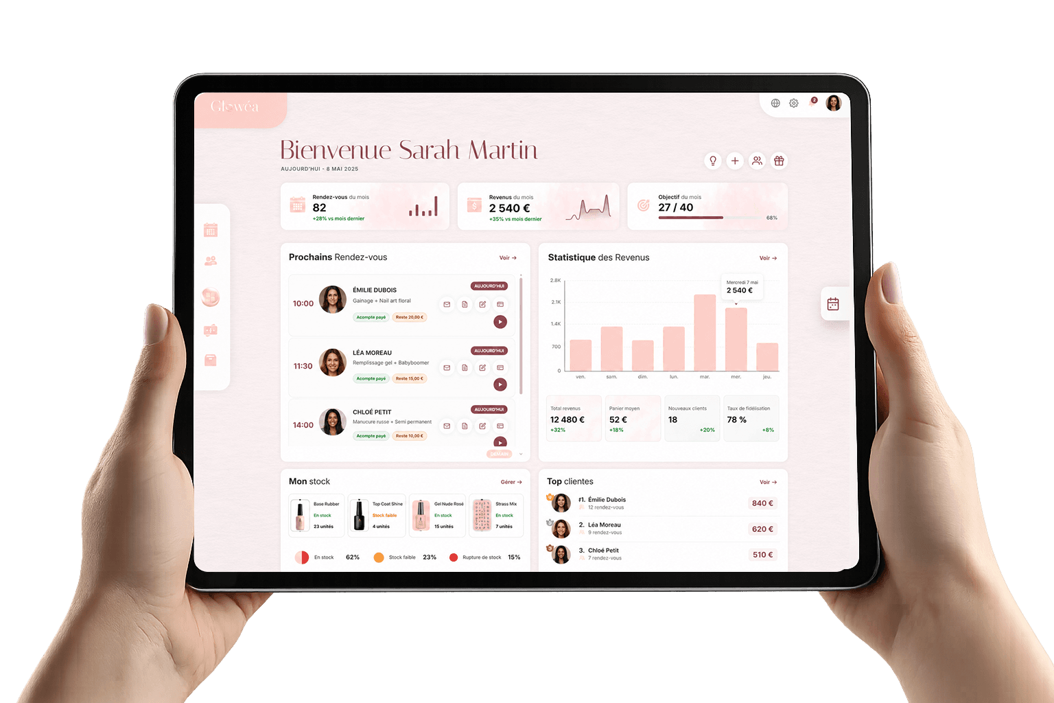 Tablette affichant le dashboard Glowea